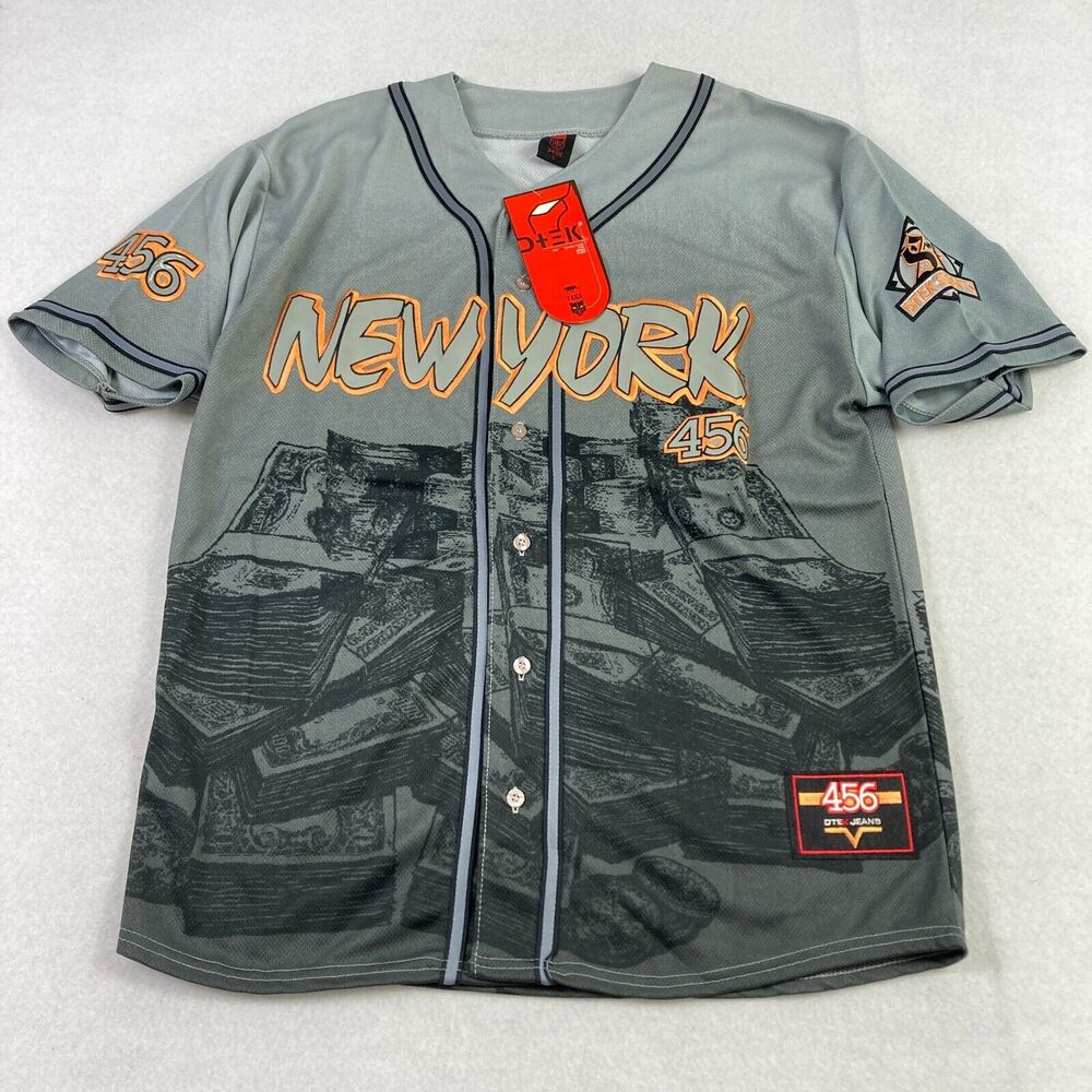 Vintage TAIGA DTEK Jeans New York 456 Jersey Shirt Mens Large Gray Gambling‎ Y2K